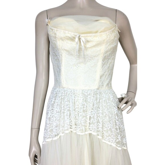 VTG 50s Lorrie Deb Ivory Chiffon Lace Strapless Wedding Ethereal Fairycore Dress - Picture 5 of 13
